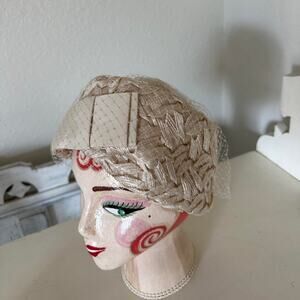 Sears Millinery Vintage 1950s Ivory Pillbox Hat with Net Veil Bow Detail